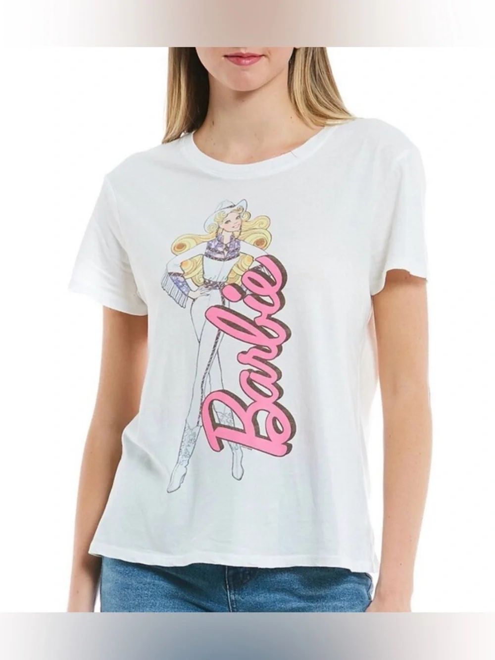 Junk Food Clothing Western Cowgirl Barbie White Crew Neck Graphic T-Shirt Size S - Picture 6 of 14